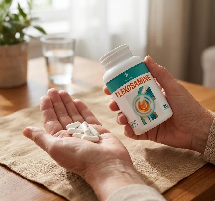 Persona sosteniendo cápsulas de Flexosamine